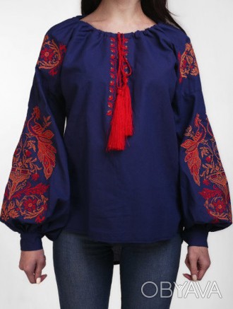 Стильна жіноча вишита сорочка вишиванка в темно-синьому кольорі, на грудях і рук. . фото 1