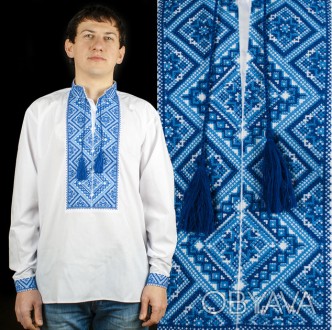 Мужская сорочка вышитая - вышиванка, украшена вышивкой крестиком в голубом и син. . фото 1
