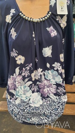 Жіноча ошатна блузка з квітковим принтом, тканина олія, великі розміри.
Розмір: . . фото 1
