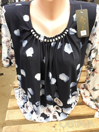 Женская летняя нарядная блузка свободного кроя с украшением и цветочным принтом,. . фото 1