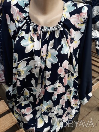 Женская летняя нарядная блузка свободного кроя с украшением и цветочным принтом,. . фото 1