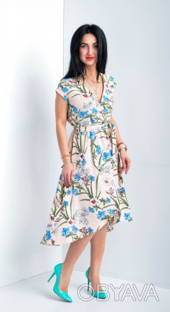 Женское легкое платье с цветочным принтом, верх платья с V-образным вырезом на з. . фото 1