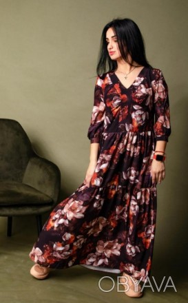 Женское платье в цветочном принте длинное супер свободного и удобного кроя. Горл. . фото 1