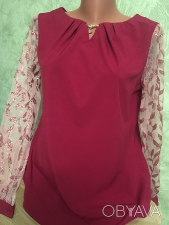 Жіноча блуза однотонна з прозорим рукавом.
Розміри 46, 48, 50, 52, 54. Наявність. . фото 1