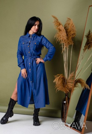 Плаття жіноче з джинсової котонової тканини, виготовлене сорочковим кроєм із пря. . фото 1