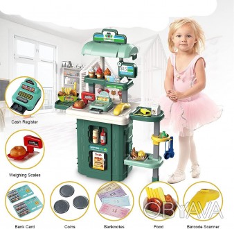 Детский игровой магазин, кассовый аппарат HONYAT 3 в 1,в чемодане, с продуктами . . фото 1