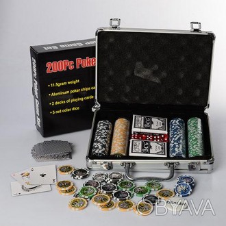 Настольная игра покер в чемодане - 200 фишек (11,5 г- с номиналами), 2 колоды ка. . фото 1