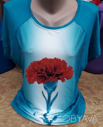 Жіноча літня футболка великого розміру з квіткою.
Розміри: 50,52,54,56,58,60.. . фото 1
