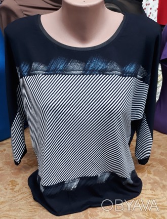 Женская стильная футболка блузка большого размера, в полоску и с рукавом летучая. . фото 1