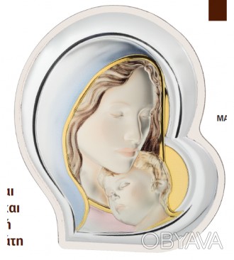 Серебряная икона Богородица с младенцем в форме сердца с эмалью 21х24см
 
 Сереб. . фото 1