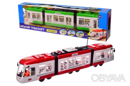 Трамвай на батарейках K1114,
2 вида 
 
коробка 49*8*14 с м.
размер игрушки– 46*6. . фото 1