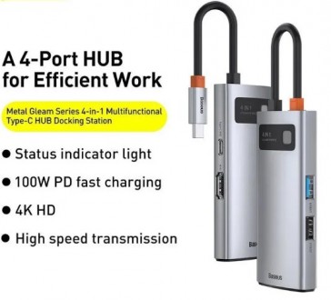 переходник USB- Type C хаб 4 in 1 Baseus Metal Gleam Series USB-C to USB 3.0 + U. . фото 6