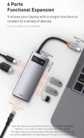 Переходник 6 в 1 USB Type-C Хаб Baseus Metal Gleam Series, USB-C to 3x USB 3.0 +. . фото 5