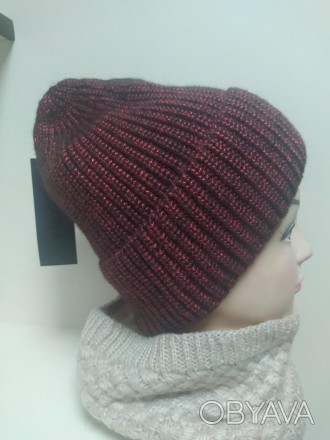 Женская зимняя шапка Cascona бордово-черная.. . фото 1