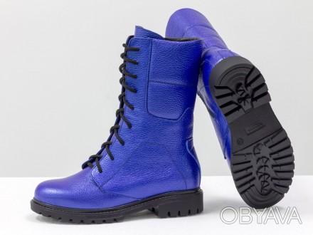 
Необычные ботинки из натуральной кожи флотар ярко-синего цвета, на шнурках на у. . фото 1