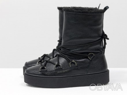 
Шикарные ботиночки в стиле Мунбутс Moon Boot из натуральной кожи черного цвета,. . фото 1