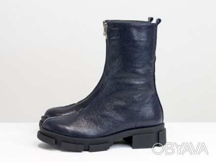 
Высокие дизайнерские ботинки синего цвета из натуральной итальянской кожи на ут. . фото 1