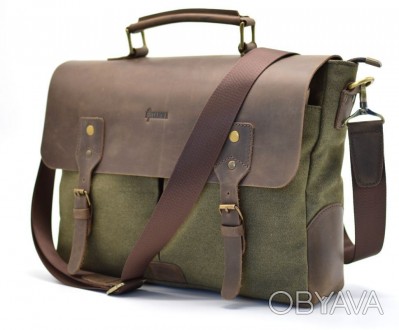 Стильная мужская сумка-портфель из парусины, с кожаным клапаном из лошадиной кож. . фото 1