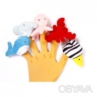 Набор из пяти забавных игрушек на пальцы. В наборе: рак, акула, кит, рыбка и ось. . фото 1