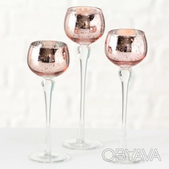 Красивый набор из 3х подсвечников в виде бокалов на высокой ножке из стекла, роз. . фото 1