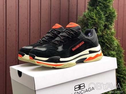 Кроссовки мужские зимние черные с оранжевым замша Balenciaga Triple S