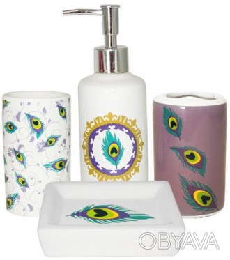 
Керамічний набір "Павлине око" для ванної кімнати. Колір - білий з яскравим віз. . фото 1