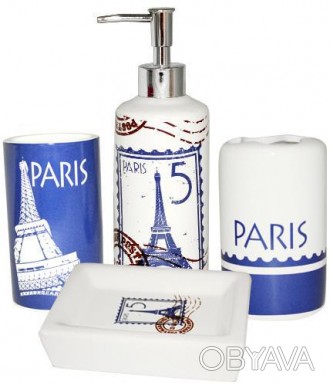 
Керамічний набір "Париж" для ванної кімнати. Колір - білий з синім візерунком. . . фото 1