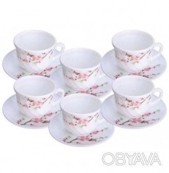 
Набір чашок для чаю "Японська Вишня" 190мл на 6 персон. Білосніжний посуд вигот. . фото 1