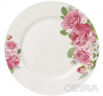 
Набір плоских обідніх тарілок "Рожеві троянди" з якісного білого фарфору з ніжн. . фото 1