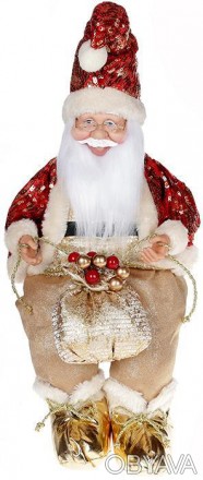 
Декоративна фігура "Санта з мішком" червоний з золотим, сидячий. Матеріал - тка. . фото 1