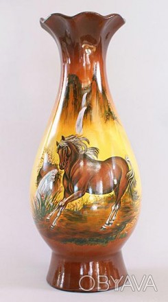 
Керамічна ваза для квітів. Серія "Коні" з яскравим глянсовим декором в коричнев. . фото 1