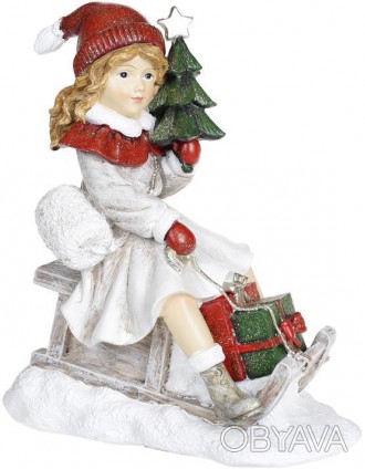 
Декоративна статуетка "Дівчинка з ялинкою на санках". Матеріал - полістоун (шту. . фото 1