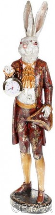 
Фігура декоративна з годинником «Білий Кролик в пальто», бордо з золотом. Поліс. . фото 1