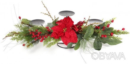
Підсвічник новорічний "Хвоя з червоними ягодами" на 3 свічки. Комбінований мате. . фото 1