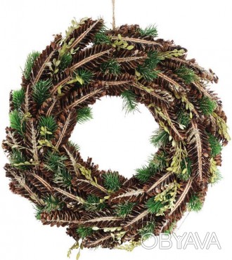 
Новорічний декоративний вінок "Зелені гілки". Комбіновані натуральні (шишки) і . . фото 1