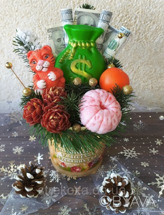 Новогодняя композиция из мыла. тигренок, шишки, мандарины и денежный мешок выпол. . фото 1