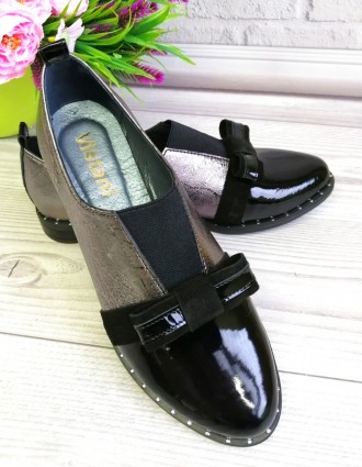 Женские кожаные туфли. Комбинированные кожа платина + черный лак + черный замш. . . фото 7