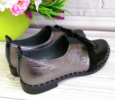 Женские кожаные туфли. Комбинированные кожа платина + черный лак + черный замш. . . фото 5