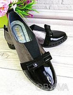 Женские кожаные туфли. Комбинированные кожа платина + черный лак + черный замш. . . фото 1