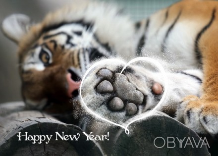 Новогодняя открытка с тигром. Потрясающее фото белого тигра и дизайн от талантли. . фото 1
