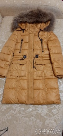 Зимнее пальто горчичного цвета, очень теплое. Капюшон с натуральным мехом, отсте. . фото 1