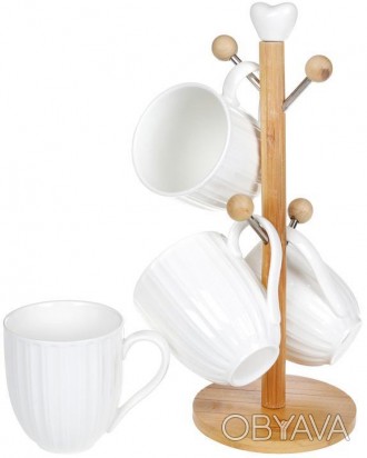 
Набір чашок Nouvelle Home Смуги на бамбуковій стійці. Класичний білий колір для. . фото 1