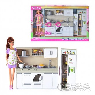 Кукла DEFA 6085 кухня,кукла 29см,плита,мойка,посуда,продук,2вида,св,бат-таб,кор,. . фото 1