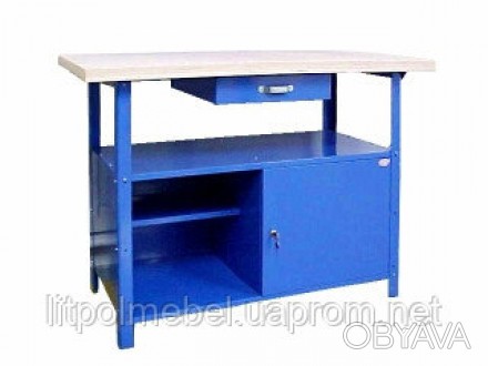 Металлический стол для мастерской с выдвижным ящиком и шкафчиком с полкой. Двери. . фото 1