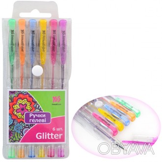 Ручки гелевые YES "Glitter", 6шт./наб.. . фото 1