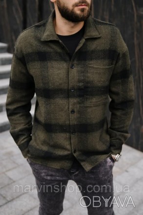 Рубашка мужская хаки весна-осень-зима oversize байковая утеплённая в клетку Smas. . фото 1