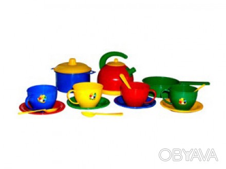 У комплекті набору: 4 чашки,ложечки,блюдечка,чайник,сковорідка,каструлька.Габари. . фото 1