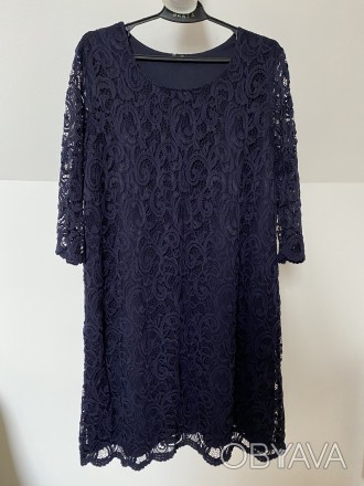 Платье кружевное нарядное, с подкладкой, новое. 
Размер: 3XL. 
Цвет: темно-син. . фото 1