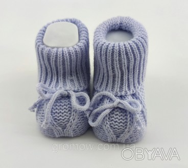 
Пинетки обувь для новорожденного. Для мальчика. Сделаны из вязки, украшены бант. . фото 1