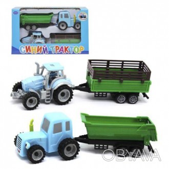 Пластиковая игрушка выполнена в стиле трактора из мультфильма "Синий трактор" бу. . фото 1
